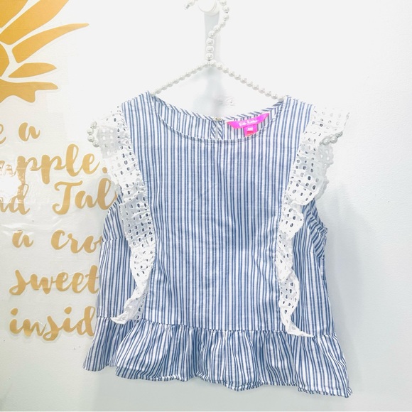 LILLY PULITZER Ellis Peplum Blue Stripe Eyelet Ruffle Sleeveless Top Blo… - Picture 3 of 13